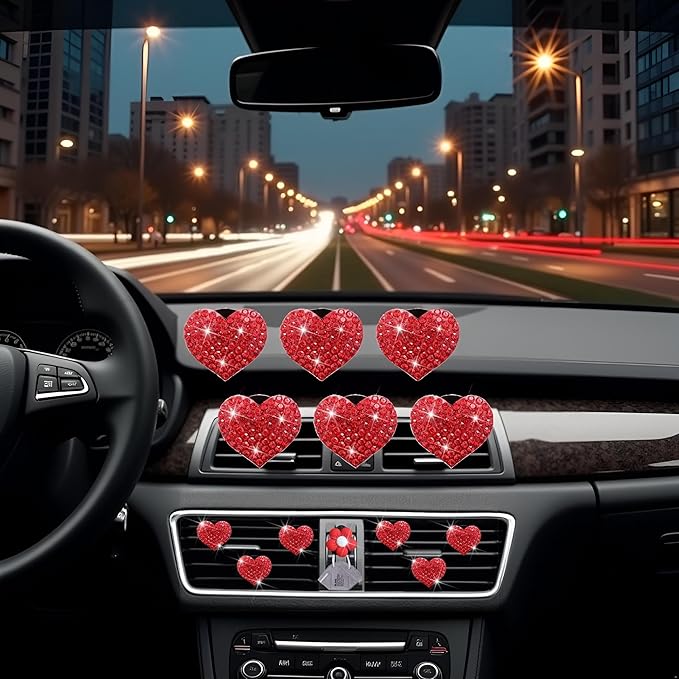 6Pcs Bling Heart Air Vent Clips Red Heart Car Air Fresheners Vents Clips Car Diffuser Diamond Car Interior Decor Charm Decoration Cute Accessories for Women Automotive