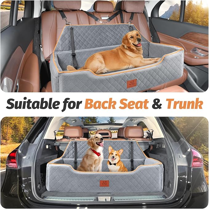 Large Dog Car Seat for Dods Under 100 Lbs, Memory Foam Dog Car Bed for Backseat & Trunk, Detachable and Washable Cover, Pet Travel Seat with Storage Pockets, 2 Safety Belts