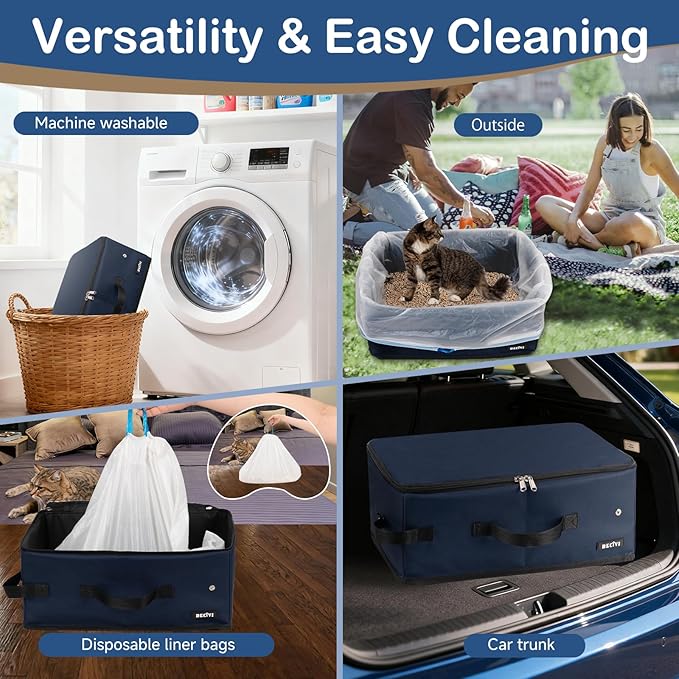 Portable Cat Travel Litter Box with Lid and 10 Pcs Disposable Liner Bags, Leak-Proof & Collapsible, Easy Clean Odor-Control Cat Travel Essentials for Car, Hotel, Airplane, Camping,Trips Navy
