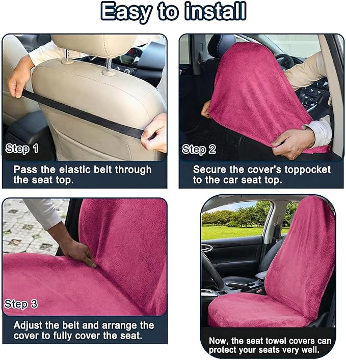 Car Seat Towel Cover, Universal Front Seat Protector for Cars, SUVs and Trucks, Sweat Towel Car Seat Cover for Gym, Yoga, Swimming, Pets and Family Travel, Dark Pink, 2 Pack
