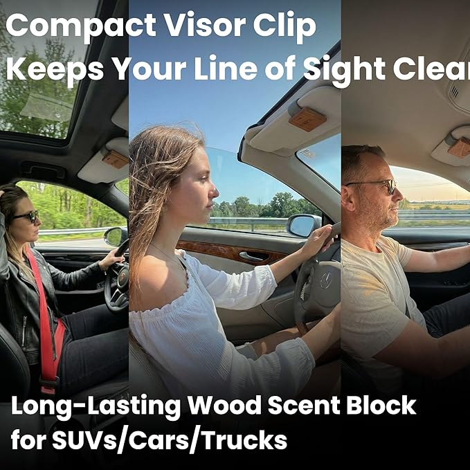 Wood Car Air Freshener — Refillable Solid Odor Eliminator with Premium Leather Visor Clip, North American Alder Wood Scent, No Liquid, No Mess for Car, Truck & SUV (Gilded Petals)