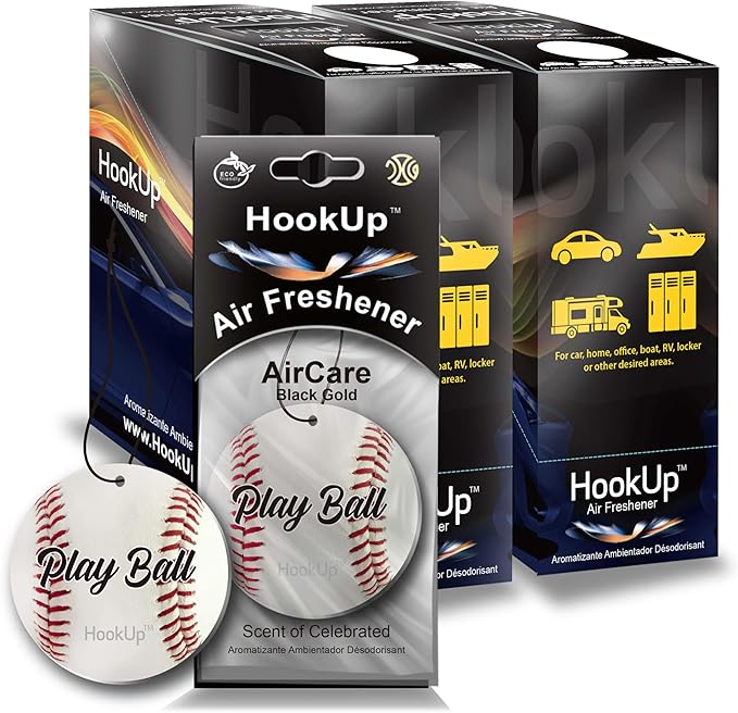 Baseball Car Air Freshener by HookUp - 50 Pack - Black Gold Scent (Extra Strong) | Unique Baseball Gift for Players, Coach, Fans | Hanging Car Accessory with Long Lasting Fresheners Smell