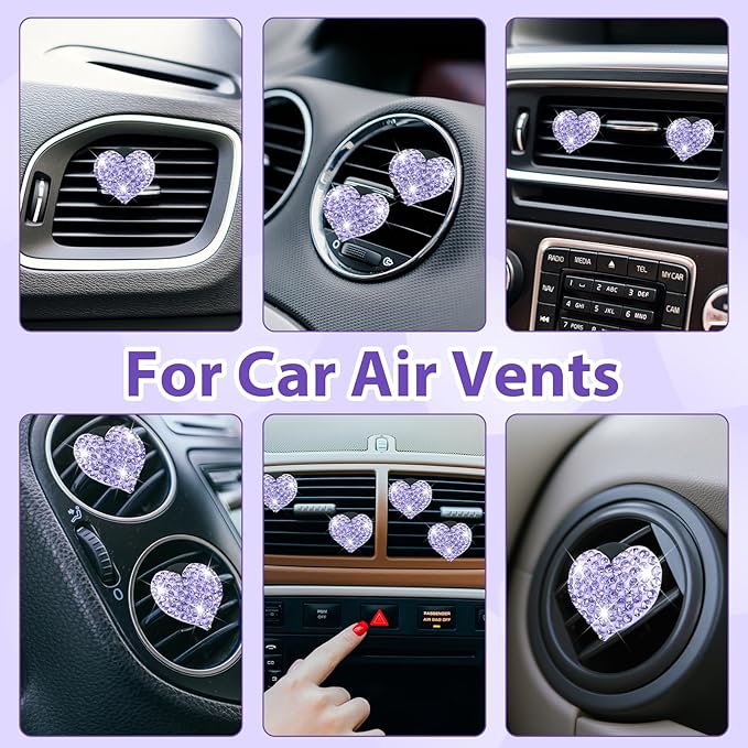 4Pcs Bling Heart Air Vent Clips, Universal Car Air Conditioning Fresh Clip, Sparkling Heart Car Vent Clips, Decorative Purple Cars Accessories for All Vehicles