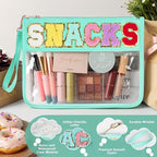 Snack Bag for Travel - Clear Chenille Varsity Letter Flat Pouch with Zipper, 12.2×8.46 inch Waterproof Clear Nylon Preppy Patch Makeup Cosmetic tote Bags for Women Girls