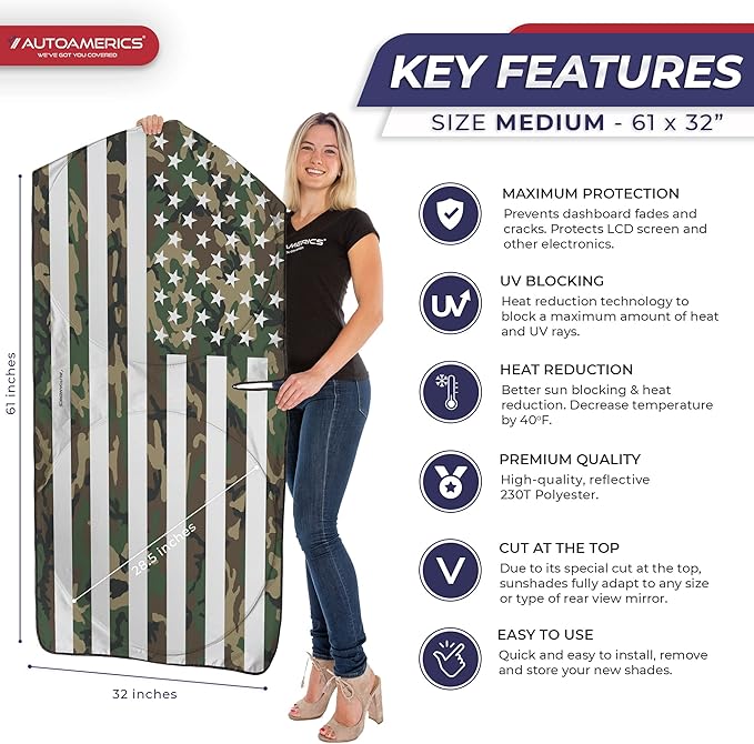 Autoamerics 1-Piece Windshield Sun Shade ERDL Camo American Flag USA Design - Foldable Car Front Window Sunshade for Most Sedans SUV Truck - Blocks Max UV Rays and Keeps Your Vehicle Cool - Medium