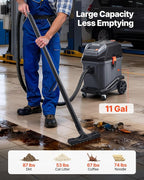 VEVOR Commercial Shop Vac, 11 Gallon Wet Dry Shop Vacuum, 5.5 Peak HP Portable with One-Button Self-Cleaning, 1350W Input, 1.25in x 7ft Hose, 20ft Cord, Industrial-Grade for Jobsite, Workshop