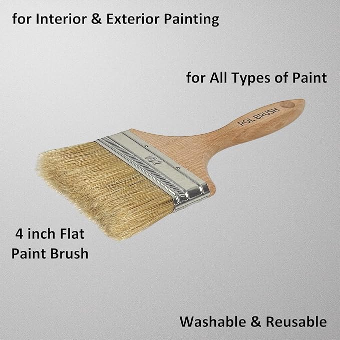 4 Inch Flat Paint Brush - High European Quality - Natural Bristles - for Home, Wood, Walls, Art, Trim & Furniture - for Acrylic, Oil, Stain, Chalk & Latex Paints