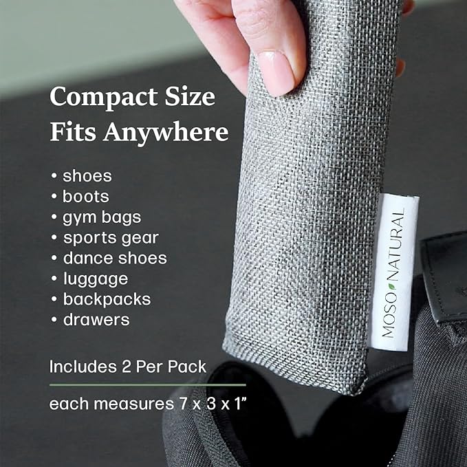 Moso Natural Shoe Deodorizer Inserts, HGTV Editor's Pick, Reusable Charcoal Odor Absorber for Shoes, Gym Bags, Sports Gear. Shoe Odor Elimination Air Purifying Bags (Beige) Two Per Pack