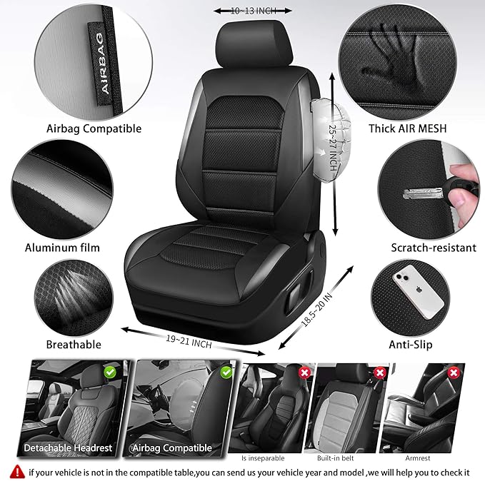 CAR PASS Memory Foam Car Seat Covers,Air Cool Mesh Thick Seat Covers Front Seats,Gray Metal Film Leather Seat Cover for Car,Universal Automotive Comfort for Most Car,Truck,Airbag Compatible,Black/Grey
