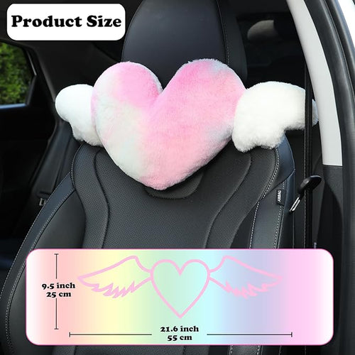 2 Pack Heart Shaped Cute Car Headrest Pillow with Angel Wings Comfortable Soft Head Rest Cushion Kawaii Car Accessories Neck Pillow for Driving Travelling Office Home Decor - Tie dye Color Love Heart