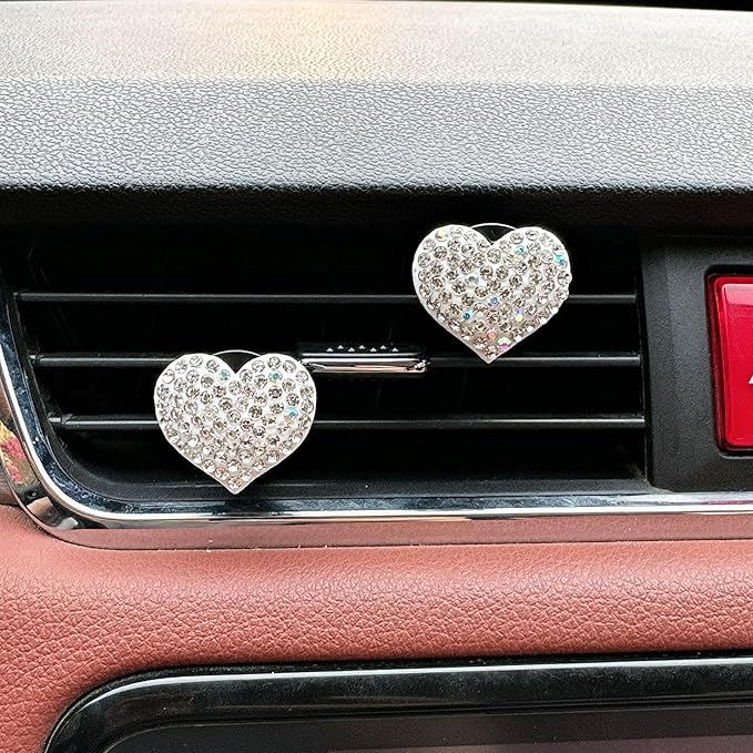 4-Pack Crystal Heart Car Vent Clips – Sparkling Rhinestone Air Fresheners for Cars, Bling Diamond Auto Fragrance Holder for SUV & Sedan(Write, Ocean)