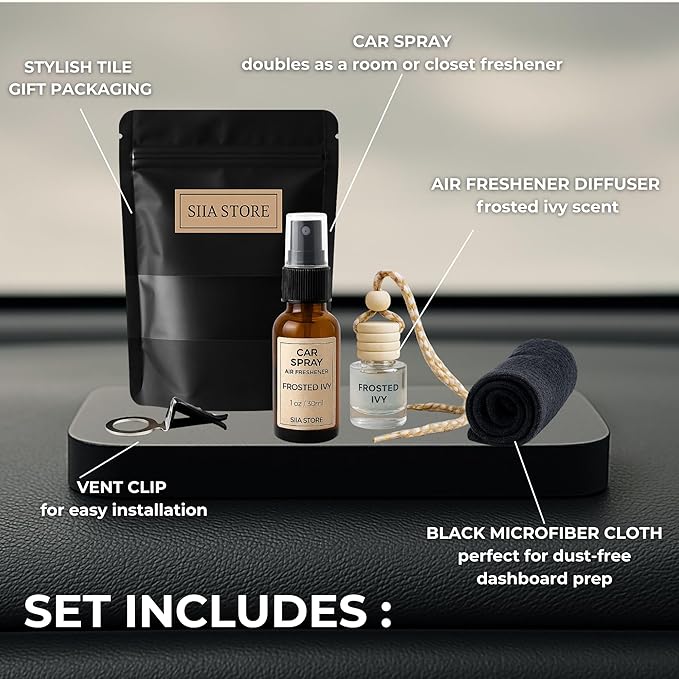 Car Air Freshener Diffuser Set – Hanging Aroma Diffuser + Essential Oil Spray | Long-Lasting Natural Scent | Car Accessories for Women & Men | Gift with Vent Clip | Frosted Ivy