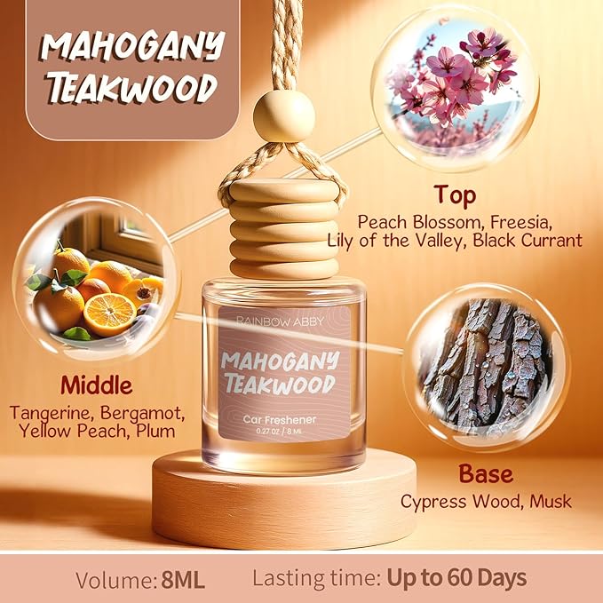 RAINBOW ABBY Hanging Car Air Freshener Diffuser 2 Pack - Mahogany Teakwood Fragrance Oil, 45+ Days Long Lasting, Essential Oil Diffuser for Car