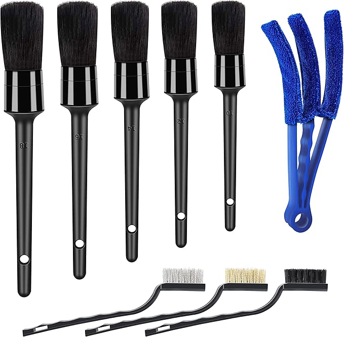 9pcs Auto Car Detailing Brush Set/ Interior Cleaning Kit Includes 5 Soft Premium Detail Brush, 3 Wire Brush & 1 Vent Cleaning Brush for Cleaning Interior, Dashboard, Engines, Leather, Wheel