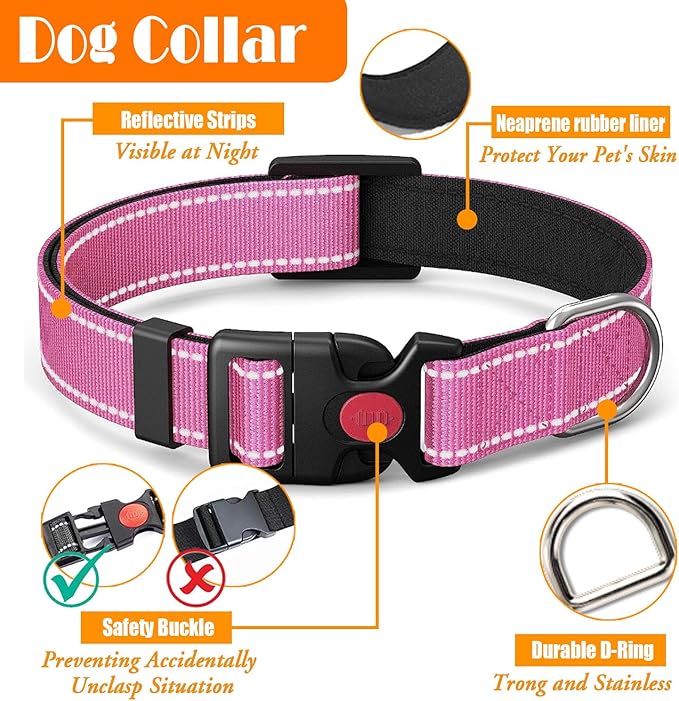 No Pull Dog Harness, Collar & Leash Set | Includes Dog Seat Belt, Collapsible Bowls & Poop Bag Dispenser. Ideal for Training, Walking, Hiking. Fits Small to Large Dogs(Pink-M)