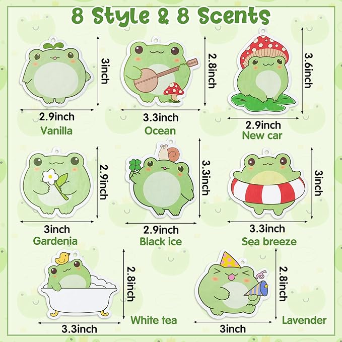 ANGOLIO 8Pcs Frog Cute Car Air Freshener Hanging Car Rearview Mirror Pendant Scent Car Ornaments Kawaii Cute Frog Fresheners Automotive Room Decor Gift for Women Teen Girls