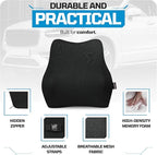 FORTEM Lumbar Support Car Cushion, Memory Foam Back Pillow, Back Rest for Comfort Driving, Adjustable Straps, Washable Cover