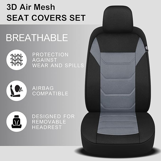 3D Air Mesh Car Seat Covers Front Sets Washable and Breathable Premium Cloth Automotive Vehicle Seat Covers for Cars Interior, Universal Fit for Most Cars, Sedan, Truck, SUV(Black/Gray)