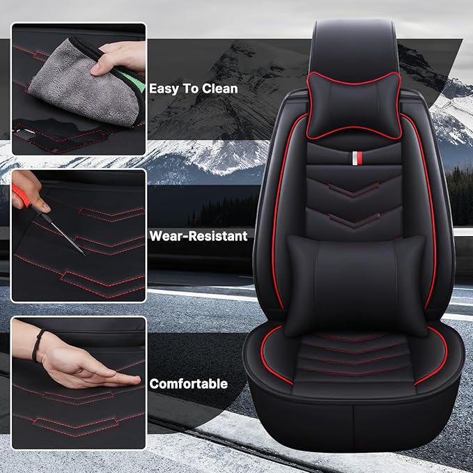 Front Seat Cover for Toyota Highlander 2001-2025, Waterproof Durable Premium Leather Car Seat Protector, Comfortable Anti-Slip Stylish Sport Seat Cover(2 Seats Luxury,Black Red)