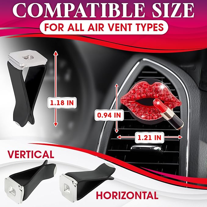 Bling Car Decor Auto Air Vent Clip Charms, Crystal Interior Car Accessory, Auto Decoration Charms, Car Bling Accessories (Red Kiss Lips)