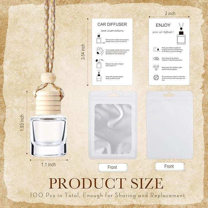 Boao 150 Sets Hanging Car Air Freshener Diffuser Bottles with Instruction Card and 4 x 6'' Resealable Holographic Bag for Empty Car Essential Oil Perfume Bottles Packaging (Cylinder)