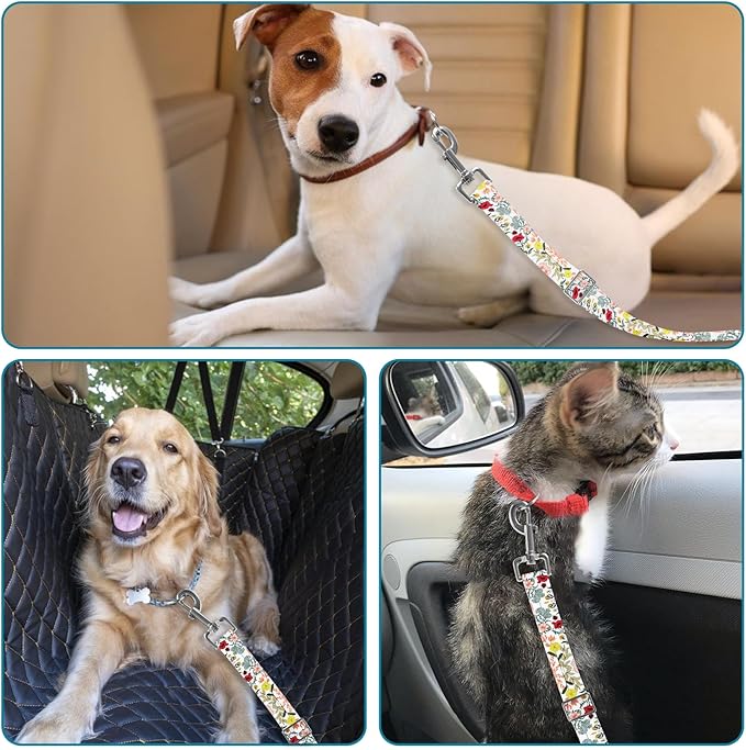 Adjustable pet cat and Dog car seat Belt， The Lanyard is Flexible and Adjustable from 20 to 33 inches (White Flower)