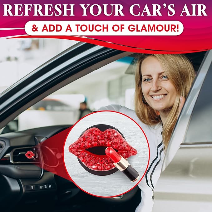 Bling Car Decor Auto Air Vent Clip Charms, Crystal Interior Car Accessory, Auto Decoration Charms, Car Bling Accessories (Red Kiss Lips)