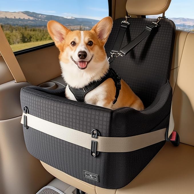 PETSFIT Dog Booster Car Seat for Small/Medium Dogs Up to 35 lbs – Patented Safety System, 6" Memory Foam Pet Car Seat, Fully Detachable and Washable Cover, Front/Back Seat Travel Booster (Black)