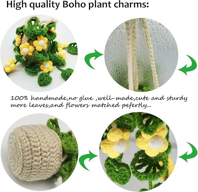 Knitted Boho Plant Hanging Ornament, Cute Crochet Car Plant Basket, Rear View Mirror Decoration - Yellow Flower