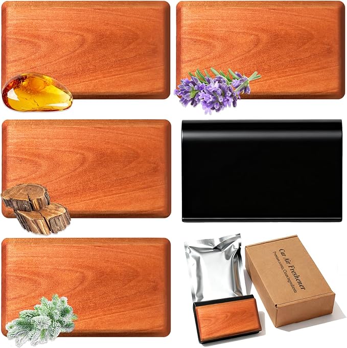 Car Air Freshener Starter Kit - Wood Air Freshener - Car Odor Eliminator for Visor Clip - Long Lasting - Variety Scent Refill - CLIP INCLUDED (Amber/Teak/Lavender/Frosted Spruce)