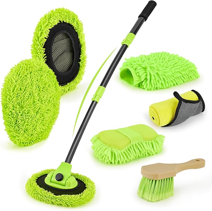 Car Wash Brush Kit with 15° Curved Long Handle, Car Cleaning Kit with 2 Replaceable Car Washing Mop, Wash Sponge, Mitt, Towel, Tire Brush, Cleaning Tools for Cars RV SUV Truck (Green)