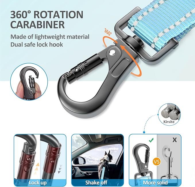 Dog Seat Belt 3-in-1 Car Harness for Dogs Adjustable Safety Seatbelt for Car Nylon Reflective Bungee Fabric Dog Car Harness with Clip Hook Latch & Buckle, Swivel Zinc Alloy Carabiner (Light Blue)