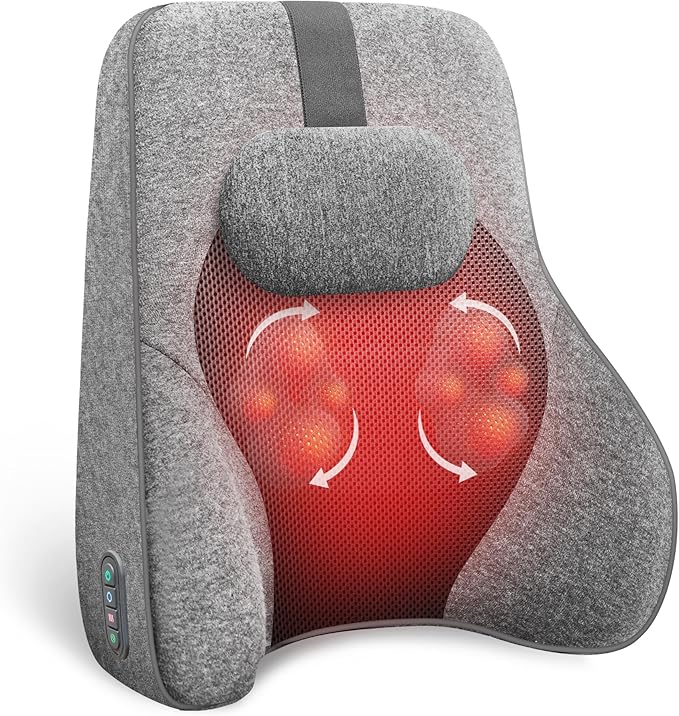 COMFIER Back Lumbar Support Pillow for Office, Heated Back Support with 4 Shiatsu Massage Heads & Heating Function, Memory Foam Lumbar Pillow for Computer Gaming Chair-Gray