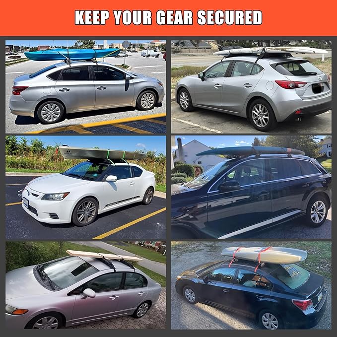 MeeFar Universal Car Soft Roof Rack Pads Luggage Carrier Rack for Kayak Surfboard SUP Canoe Include 2 Heavy Duty Tie Down Straps, 2 Tie Down Rope, 2 Quick Loop Strap