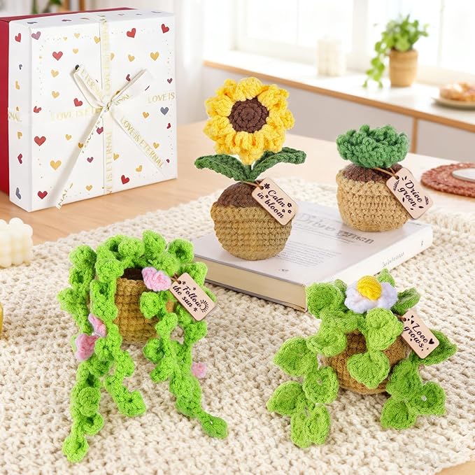 4 Pcs Crochet Plant Vent Clips for Car,Handmade Mini Plant Car Air Fresheners with Inspirational Cards,Succulent Sunflower Potted Plants Car Vent Clips Xmas Crochet Gift for Plants Lover with Gift Box