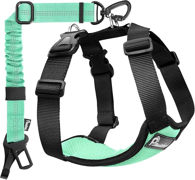 Pawaboo Dog Seat Belt Harness for Car, Dog Car Harness Seatbelt with Double Clips, Adjustable Breathable Pet Vest & Dogs Safety Tether with Elastic Bungee for Small Medium Large Pet, XXL, Blue + Black