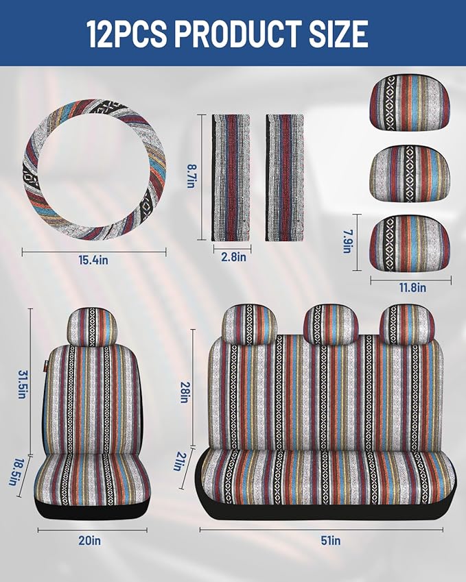Baja Saddle Blanket Car Seat Covers Front Set with Seat Belt Pads, Washable Breathable Striped Woven Cloth Seat Covers for Cars, SUV, Truck, Airbag Compatible(Red)