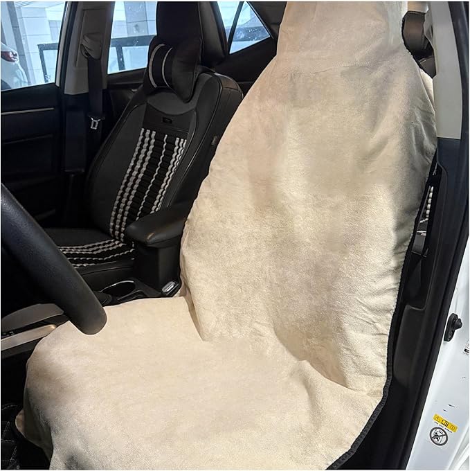 Waterproof Car Seat Cover, Premium Terry Cloth Sweat Towel Front Seat Protector, Washable Non-Slip Automotive Bucket Seats Covers, Ideal for Post Gym Workout Running Swimming (Beige)