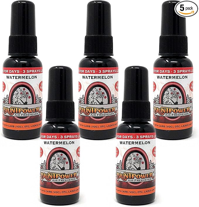 BluntPower Concentrated Oil Based Air Freshener Spray, Long Lasting Odor Eliminator for Car, Room, and Bathroom – Watermelon Scent, 1.5 oz, 5 Packs