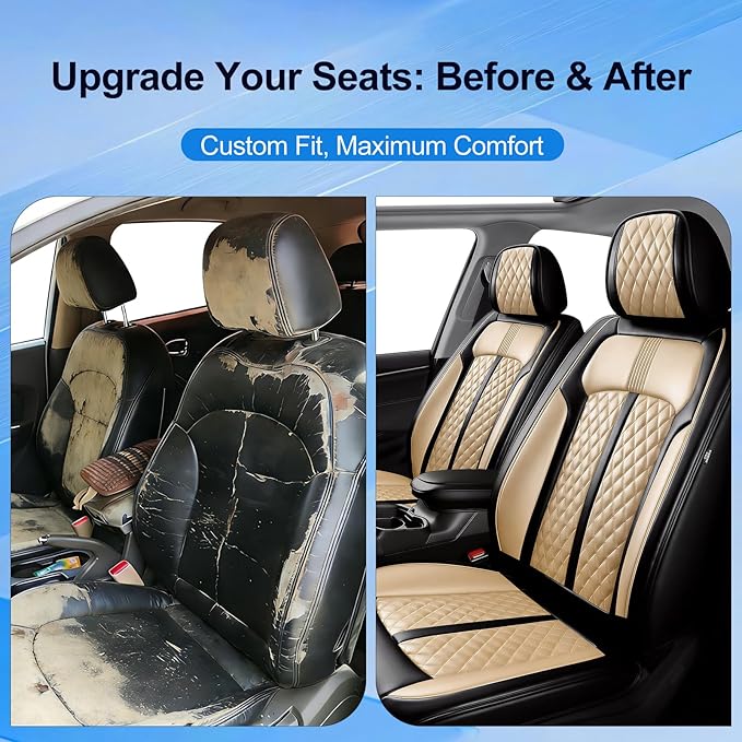 Fit CX-5 Car Seat Covers for Select Mazda CX5 2013-2024 2025 2026 - Premium Full Coverage Leather, Airbag Compatible, Waterproof & All Weather Seat Protector, Front Pair Black+Beige