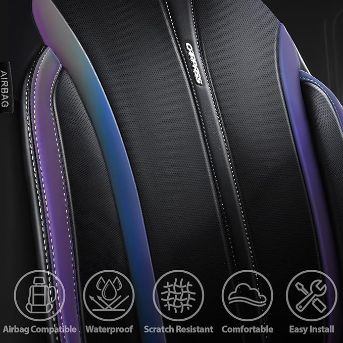 CAR PASS Nappa Leather Car Seat Covers, Durable Waterproof Luxury Universal for SUV Pick-up Truck Sedan, Anti-Slip Driver 5 Seats Covers Full Set with Backrest (Black Chameleon Iridescent Reflective)