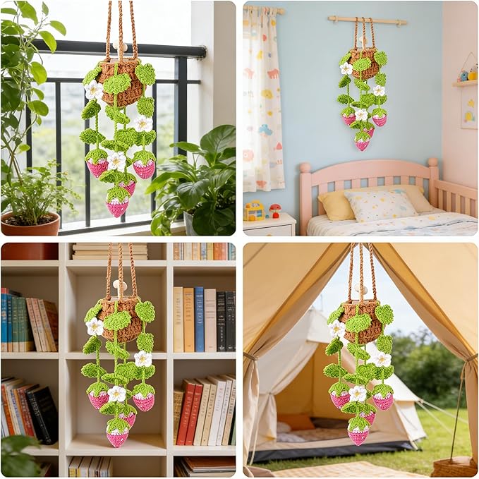 Crochet Car Air Freshener, 8ml Empty Refillable Oil Diffuser Bottle with Hanging Crochet Pink Strawberry Plant & Hanging Tools, Car Rearview Mirror Diffuser for Wall Art & Home & Office Decoration