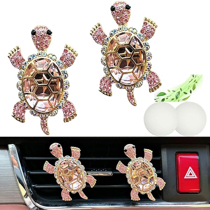 2pcs Cute Shiny Rhinestone Turtle Car Air Freshener Clip – Stylish Vent Fragrance Diffuser with Ocean Scent – Universal In-Car Decoration for Men & Women (pink, Ocean)