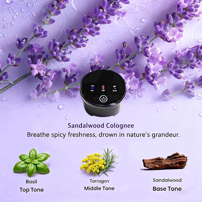 Car Air Freshener Diffuser for Essential Oils, Smart Automatic Car Fragrance Diffuser with 3 Adjustable Intensity & Auto On/Off, Premium Sandalwood Cologne Long-lasting