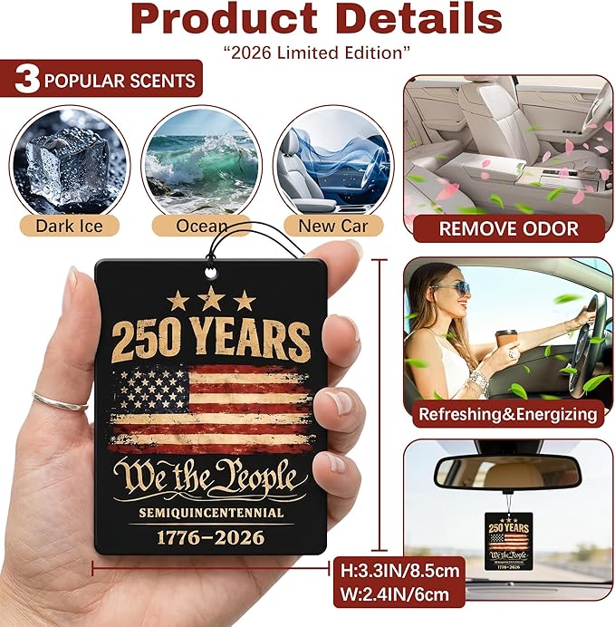 9Pcs USA 250th Anniversary Car Air Freshener, 1776-2026 Semiquincentennial Commemorative Hanging Ornament, Patriotic Double-Sided Scented Tablet, 2026 Independence Day Souvenir Gifts (Style 1)