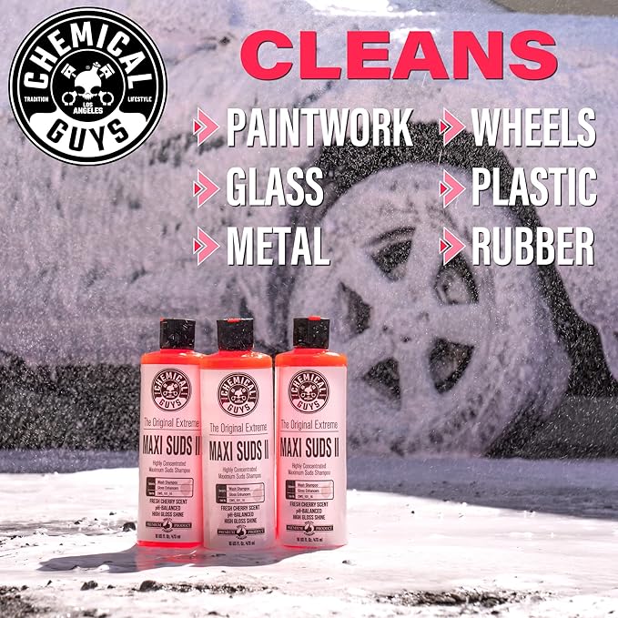 Chemical Guys CWS_101BK Car Wash Detailing Bucket, Mitt & Accessories Bundle (6 Items) Featuring Maxi-Suds II Foaming Car Wash Soap, 128 oz (1 Gal), Cherry Scent - Works on Cars, Trucks, SUVs, & More