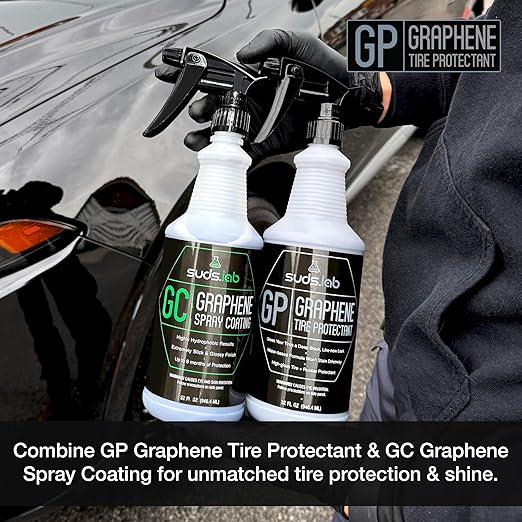 Suds Lab GP - Graphene Tire Protectant, Gloss Car Wheel Protectant, Dressing, and Coating for a Like-New Look, Black Satin Spray Tire Polish, 32 oz