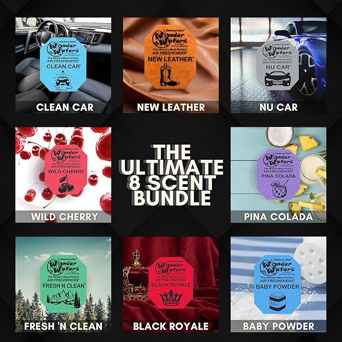 Wonder Wafers 40 Pack Car Air Fresheners- 8 Scent Bundle Variety Pack: Nu Car, Clean Car, New Leather, Wild Cherry, Black Royale, Pina Colada, Fresh 'n Clean, Baby Powder, 5 Individually Wrapped each