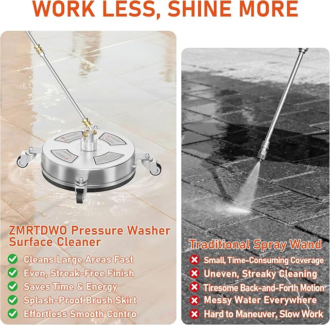 14" Pressure Washer Surface Cleaner with 4 Wheels, 4000 PSI Max Stainless Steel Surface Cleaner for Pressure Washer, 2 Extension Wands, 1/4" Quick Plug, for Concrete, Patio, Sidewalk, Deck