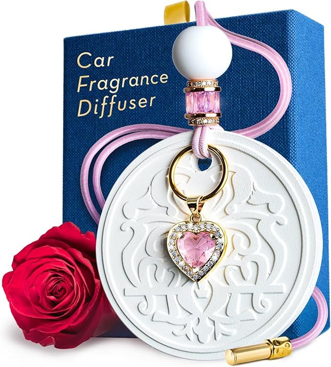 Luxury Car Air Freshener for Women - Refillable & Portable Essential Oil Fragrance Diffuser - Cute Car Accessories & Interior Decor - Mirror Hanging or Vent Clips - Pink Heart Charm, Rose Scent